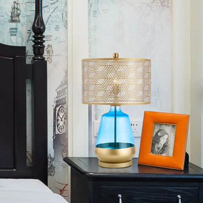 Contemporary Metallic Gold Drum Shade Table Light: Small Desk Lamp for Bedroom