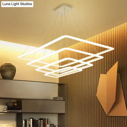 Contemporary Metallic LED Chandelier Pendant Light - Rectangular Layered Design for Living Room in White