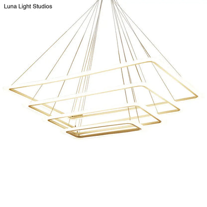 Contemporary Metallic LED Chandelier Pendant Light - Rectangular Layered Design for Living Room in White