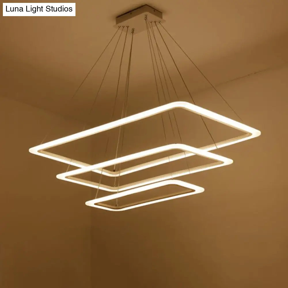 Contemporary Metallic LED Chandelier Pendant Light - Rectangular Layered Design for Living Room in White