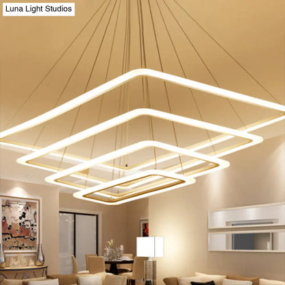 Contemporary Metallic LED Chandelier Pendant Light - Rectangular Layered Design for Living Room in White