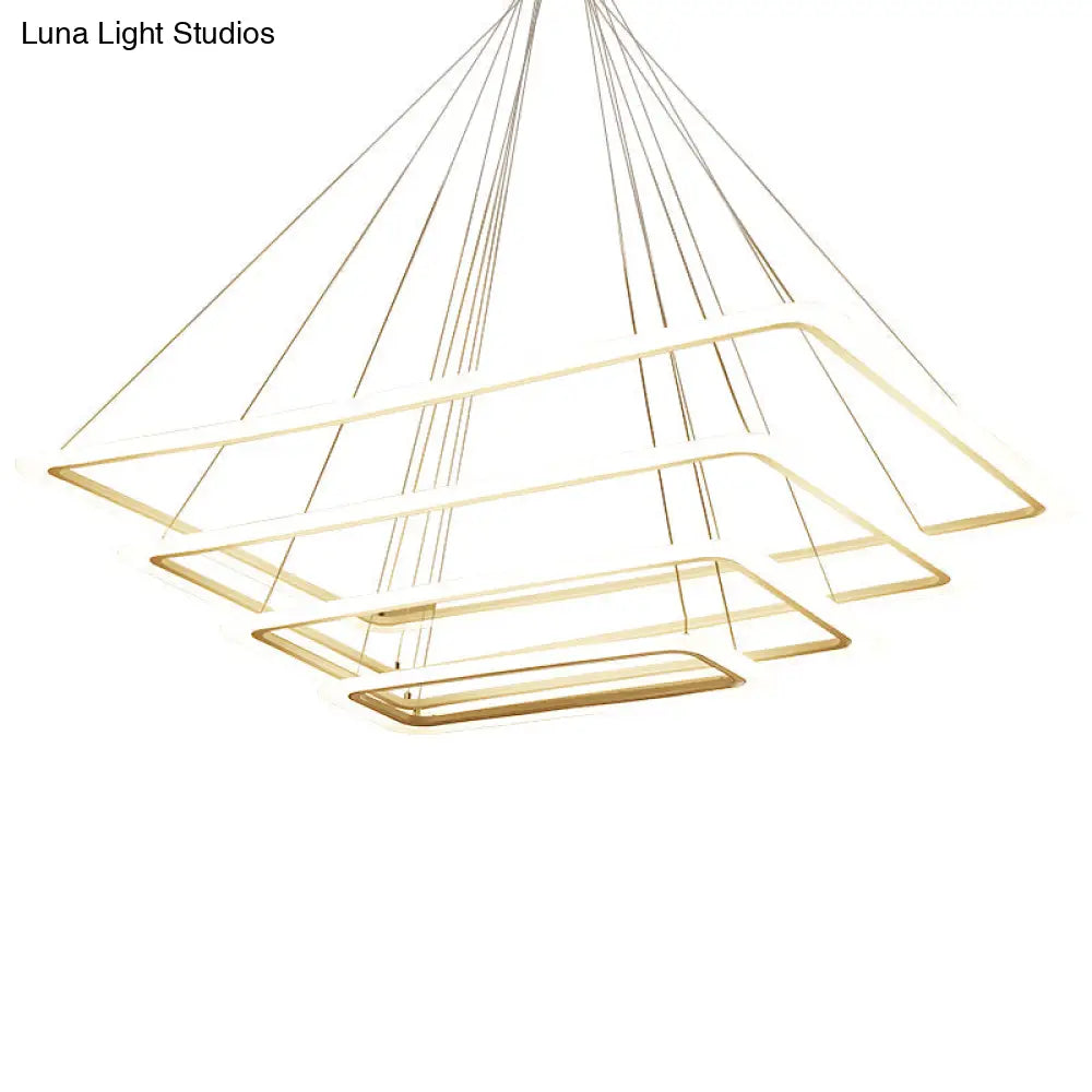 Contemporary Metallic LED Chandelier Pendant Light - Rectangular Layered Design for Living Room in White