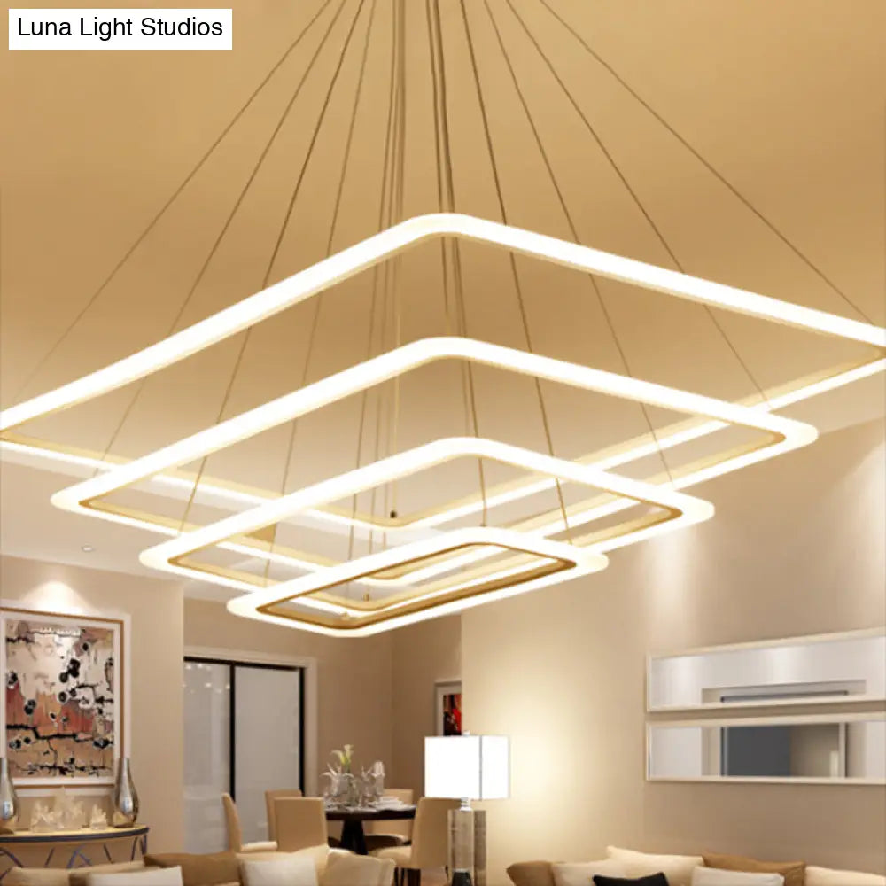 Contemporary Metallic LED Chandelier Pendant Light - Rectangular Layered Design for Living Room in White