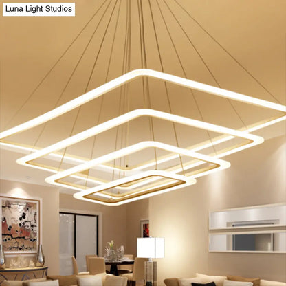 Contemporary Metallic LED Chandelier Pendant Light - Rectangular Layered Design for Living Room in White