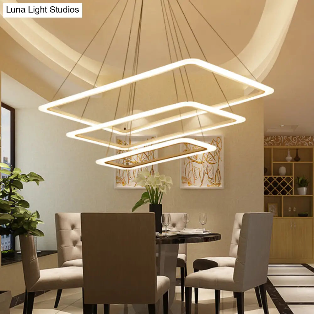 Contemporary Metallic LED Chandelier Pendant Light - Rectangular Layered Design for Living Room in White