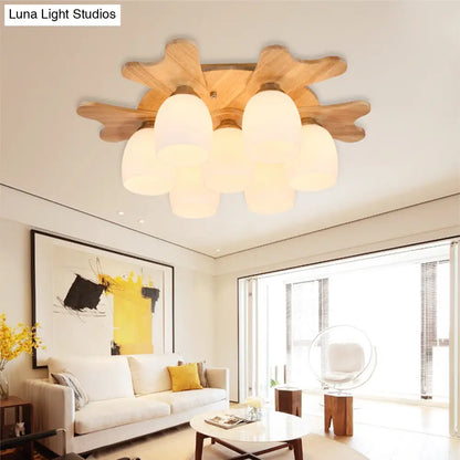 مصباح ديكوربايتس™ المعاصر المصنوع من زجاج الحليب مع مظلة خشبية - 1/3/4 ضوء، لمسة نهائية باللون البيج