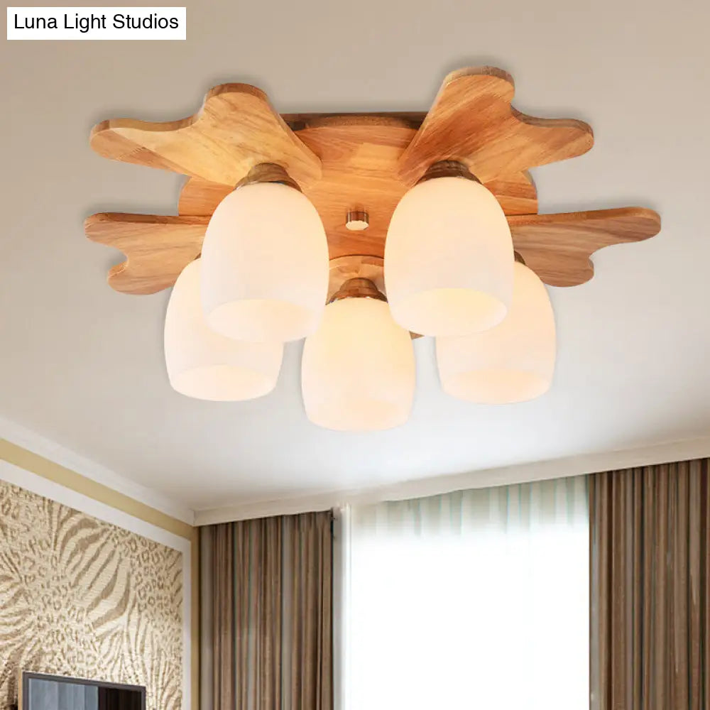 مصباح ديكوربايتس™ المعاصر المصنوع من زجاج الحليب مع مظلة خشبية - 1/3/4 ضوء، لمسة نهائية باللون البيج