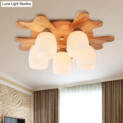 مصباح ديكوربايتس™ المعاصر المصنوع من زجاج الحليب مع مظلة خشبية - 1/3/4 ضوء، لمسة نهائية باللون البيج