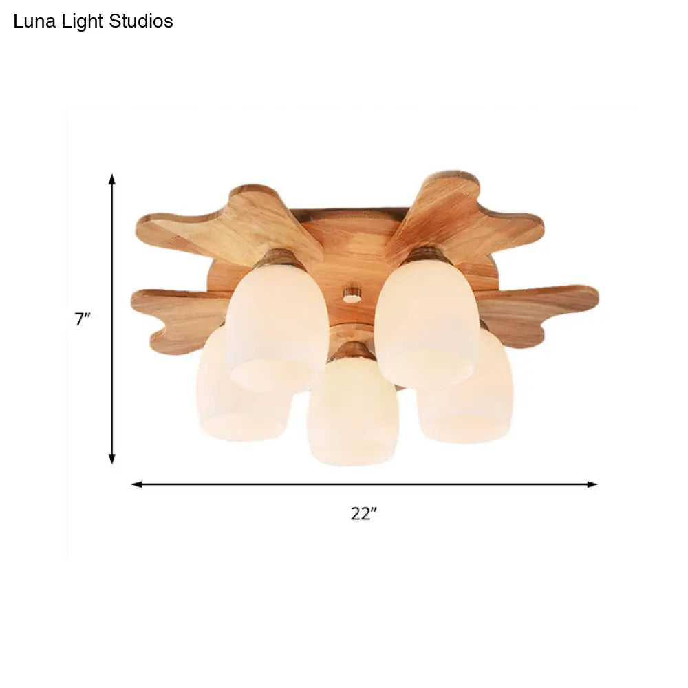 مصباح ديكوربايتس™ المعاصر المصنوع من زجاج الحليب مع مظلة خشبية - 1/3/4 ضوء، لمسة نهائية باللون البيج