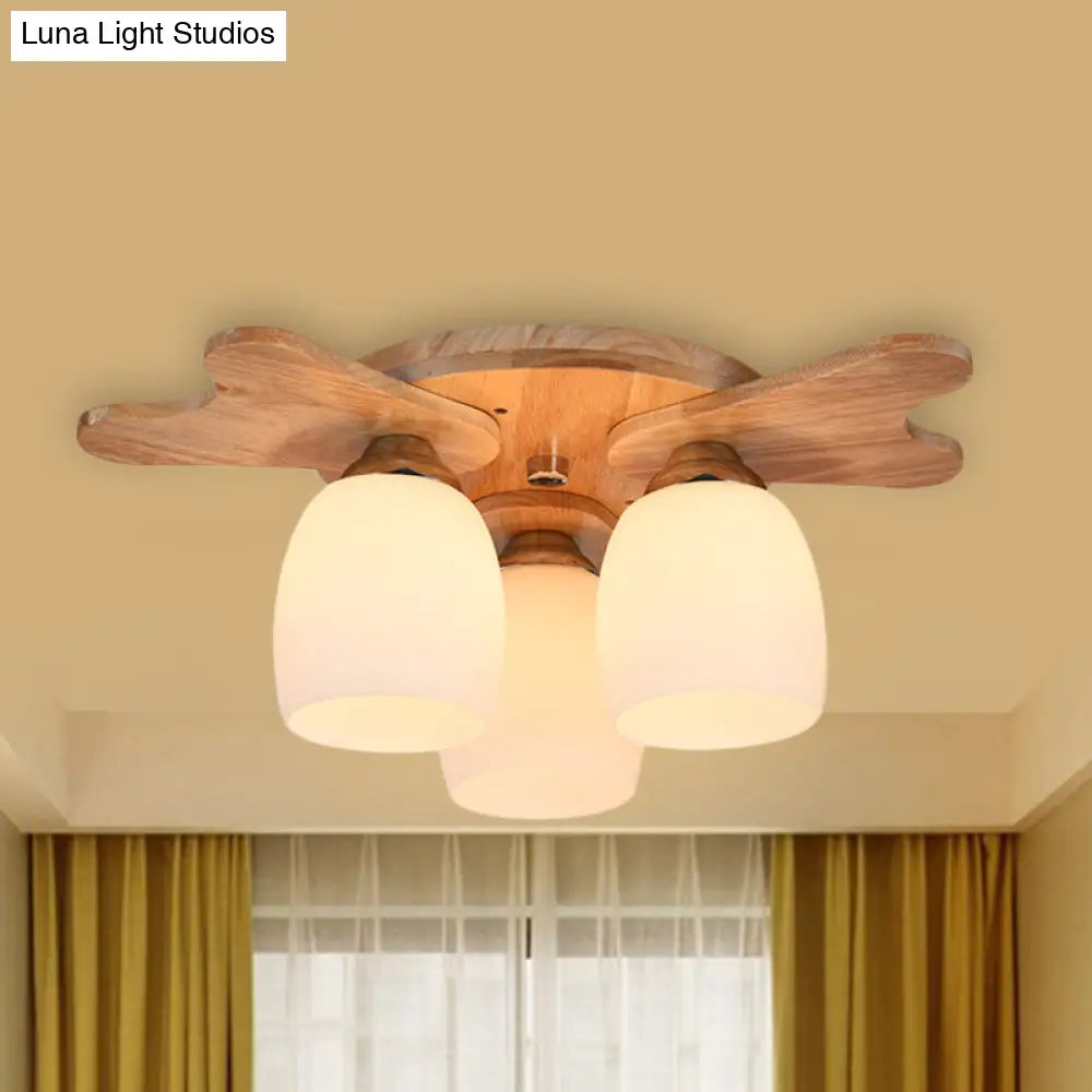 مصباح ديكوربايتس™ المعاصر المصنوع من زجاج الحليب مع مظلة خشبية - 1/3/4 ضوء، لمسة نهائية باللون البيج