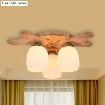 مصباح ديكوربايتس™ المعاصر المصنوع من زجاج الحليب مع مظلة خشبية - 1/3/4 ضوء، لمسة نهائية باللون البيج