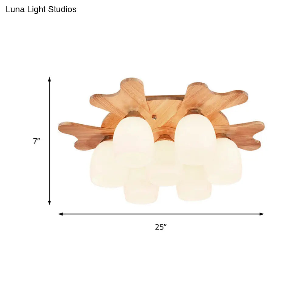 مصباح ديكوربايتس™ المعاصر المصنوع من زجاج الحليب مع مظلة خشبية - 1/3/4 ضوء، لمسة نهائية باللون البيج