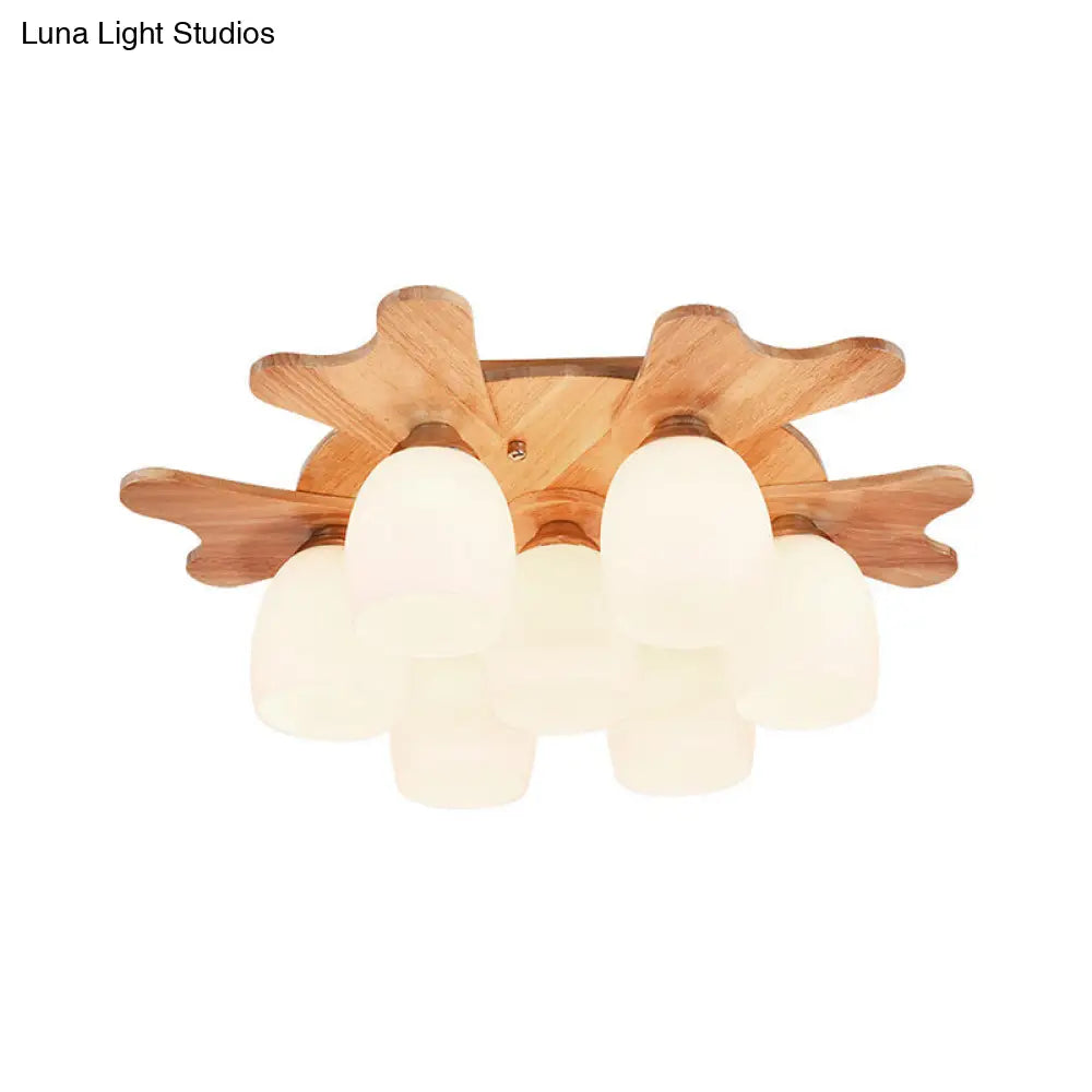 مصباح ديكوربايتس™ المعاصر المصنوع من زجاج الحليب مع مظلة خشبية - 1/3/4 ضوء، لمسة نهائية باللون البيج