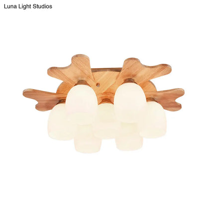 مصباح ديكوربايتس™ المعاصر المصنوع من زجاج الحليب مع مظلة خشبية - 1/3/4 ضوء، لمسة نهائية باللون البيج