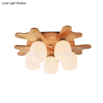 مصباح ديكوربايتس™ المعاصر المصنوع من زجاج الحليب مع مظلة خشبية - 1/3/4 ضوء، لمسة نهائية باللون البيج