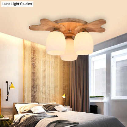 مصباح ديكوربايتس™ المعاصر المصنوع من زجاج الحليب مع مظلة خشبية - 1/3/4 ضوء، لمسة نهائية باللون البيج