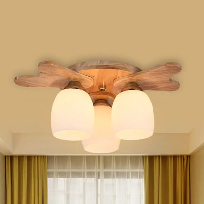 مصباح ديكوربايتس™ المعاصر المصنوع من زجاج الحليب مع مظلة خشبية - 1/3/4 ضوء، لمسة نهائية باللون البيج