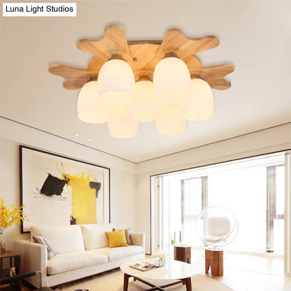 مصباح ديكوربايتس™ المعاصر المصنوع من زجاج الحليب مع مظلة خشبية - 1/3/4 ضوء، لمسة نهائية باللون البيج