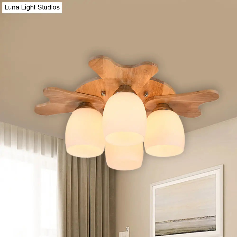 مصباح ديكوربايتس™ المعاصر المصنوع من زجاج الحليب مع مظلة خشبية - 1/3/4 ضوء، لمسة نهائية باللون البيج