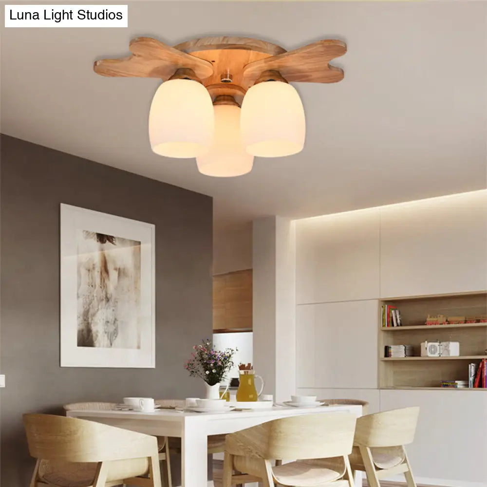 مصباح ديكوربايتس™ المعاصر المصنوع من زجاج الحليب مع مظلة خشبية - 1/3/4 ضوء، لمسة نهائية باللون البيج