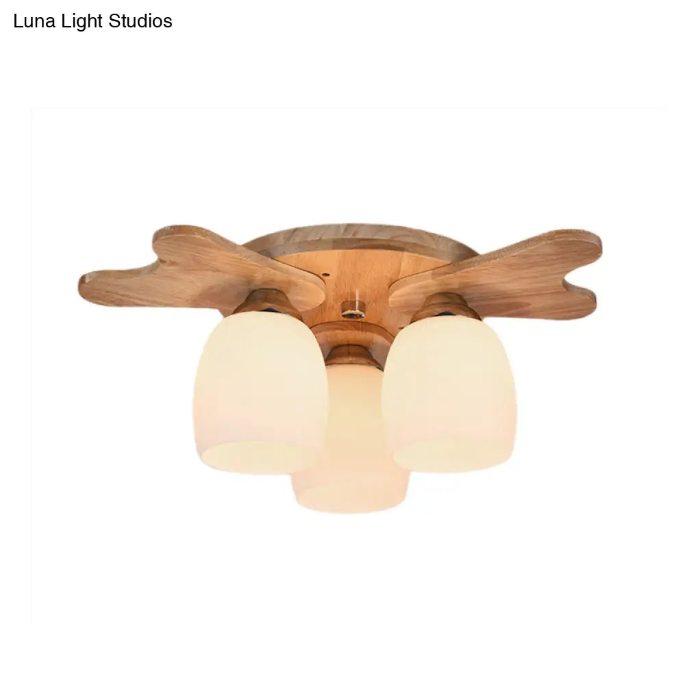 مصباح ديكوربايتس™ المعاصر المصنوع من زجاج الحليب مع مظلة خشبية - 1/3/4 ضوء، لمسة نهائية باللون البيج