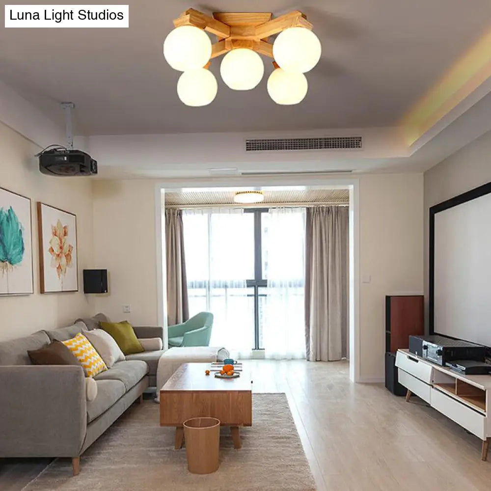 ديكوربايتس™ مصباح شبه مدمج من الزجاج الحليبي المعاصر مع ذراع تركيب خشبي - إضاءة فرعية شبه مدمجة 3/5/7 مصابيح (بيج)