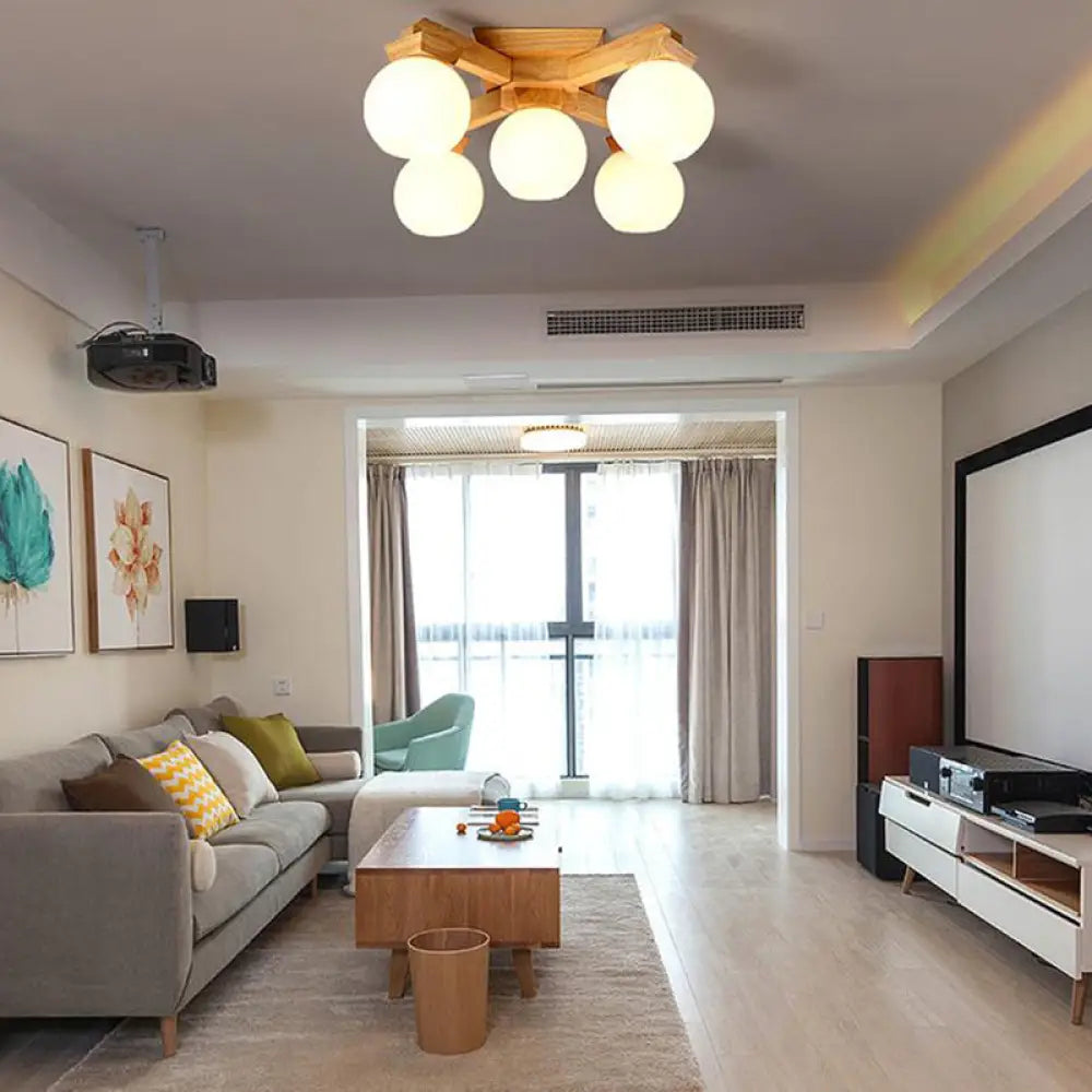 ديكوربايتس™ مصباح شبه مدمج من الزجاج الحليبي المعاصر مع ذراع تركيب خشبي - إضاءة فرعية شبه مدمجة 3/5/7 مصابيح (بيج)