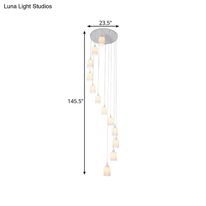 Contemporary Milk Glass Spiral Stair Pendant Light - 12 Heads, White, Round/Square - Hanging Lamp