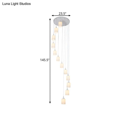 Contemporary Milk Glass Spiral Stair Pendant Light - 12 Heads, White, Round/Square - Hanging Lamp