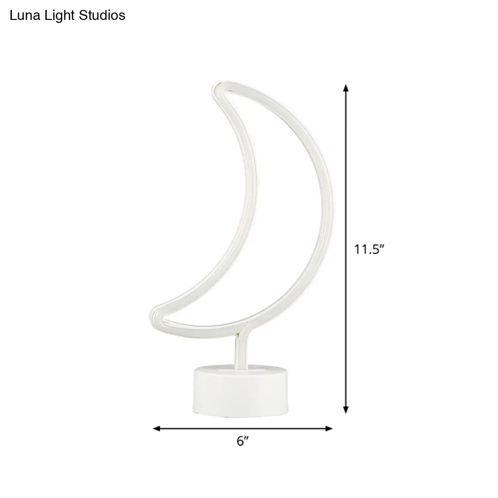 Contemporary Moon Shaped LED Table Lamp – Battery Operated Plastic Night Light (White)