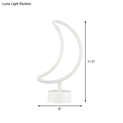 Contemporary Moon Shaped LED Table Lamp – Battery Operated Plastic Night Light (White)