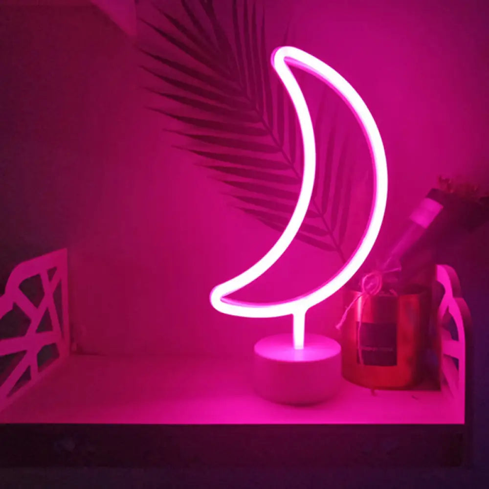 Contemporary Moon Shaped LED Table Lamp – Battery Operated Plastic Night Light (White)