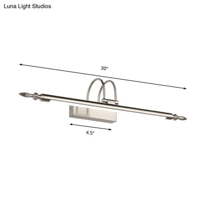 Contemporary nickel finish 30-inch LED vanity light with sleek rectangular fixture and warm light for bedroom use