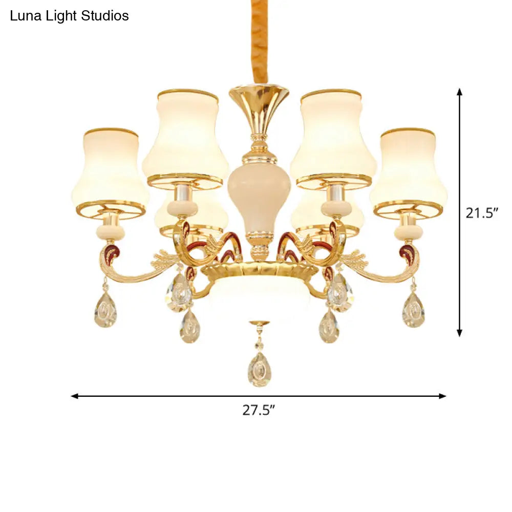 Contemporary Opal Glass Curved Cone Chandelier Light with Crystal Drop Deco - Gold Finish, 3/6 Bulbs