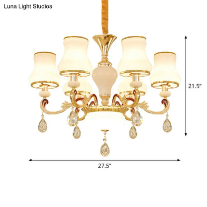 Contemporary Opal Glass Curved Cone Chandelier Light with Crystal Drop Deco - Gold Finish, 3/6 Bulbs