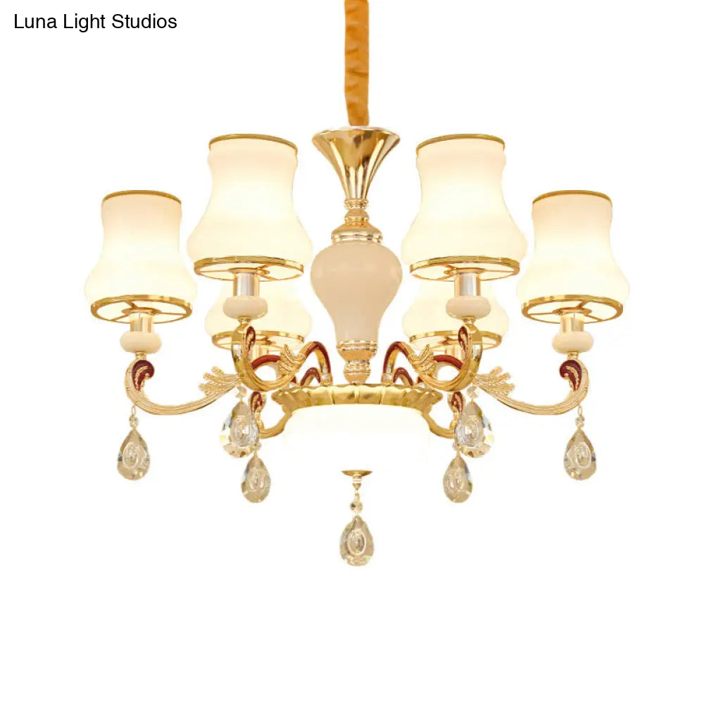 Contemporary Opal Glass Curved Cone Chandelier Light with Crystal Drop Deco - Gold Finish, 3/6 Bulbs