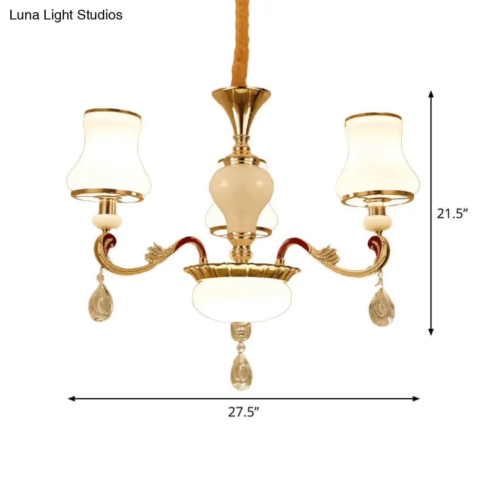 Contemporary Opal Glass Curved Cone Chandelier Light with Crystal Drop Deco - Gold Finish, 3/6 Bulbs