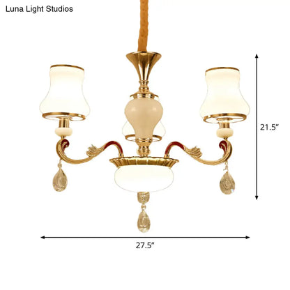 Contemporary Opal Glass Curved Cone Chandelier Light with Crystal Drop Deco - Gold Finish, 3/6 Bulbs