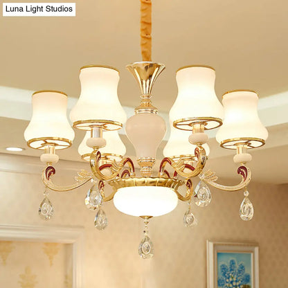 Contemporary Opal Glass Curved Cone Chandelier Light with Crystal Drop Deco - Gold Finish, 3/6 Bulbs
