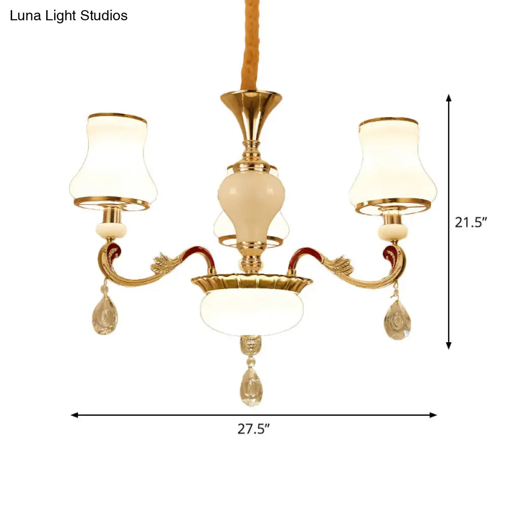 Contemporary Opal Glass Curved Cone Chandelier Light with Crystal Drop Deco - Gold Finish, 3/6 Bulbs