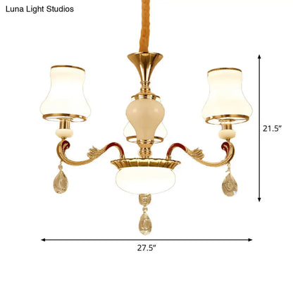 Contemporary Opal Glass Curved Cone Chandelier Light with Crystal Drop Deco - Gold Finish, 3/6 Bulbs