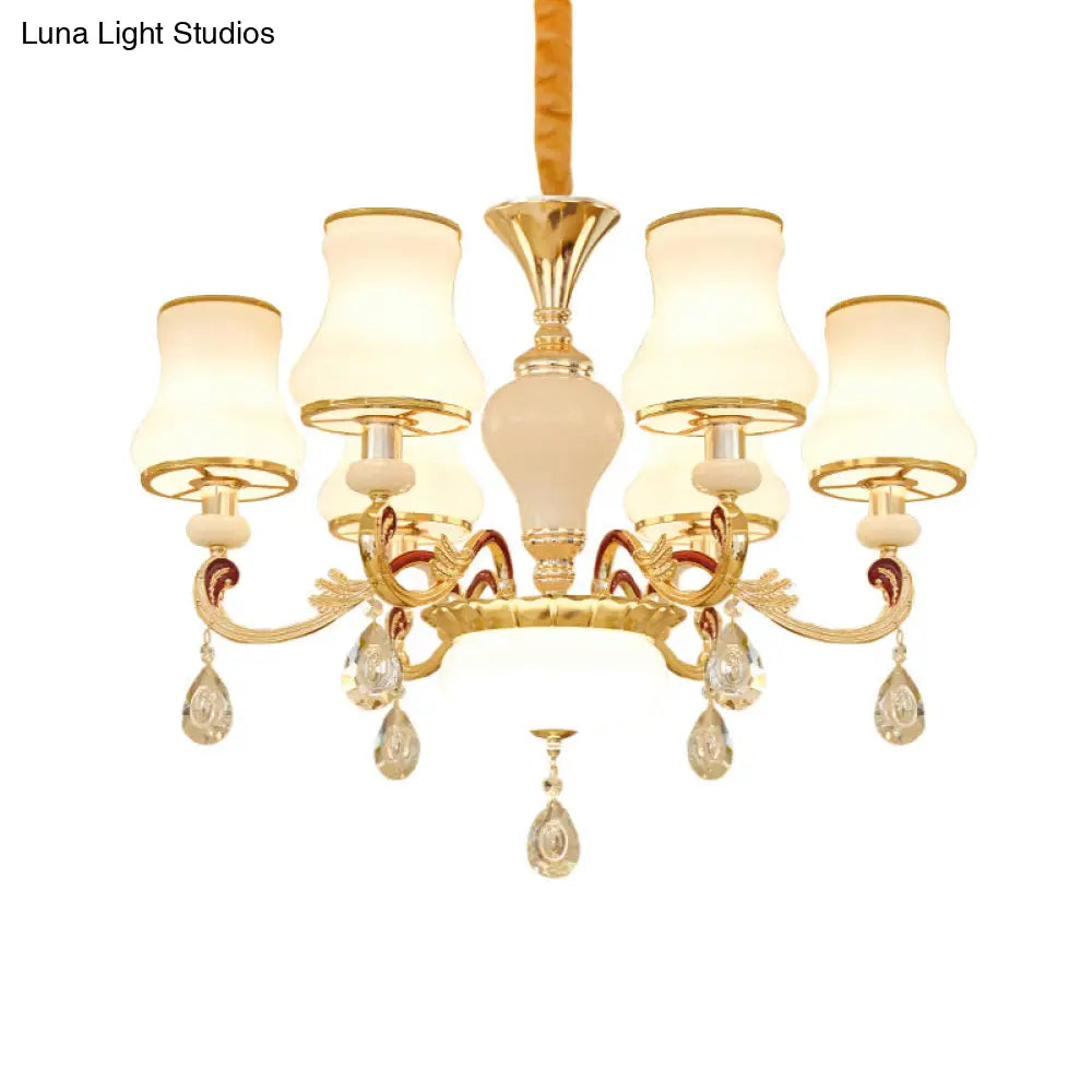 Contemporary Opal Glass Curved Cone Chandelier Light with Crystal Drop Deco - Gold Finish, 3/6 Bulbs
