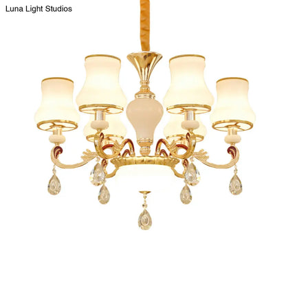 Contemporary Opal Glass Curved Cone Chandelier Light with Crystal Drop Deco - Gold Finish, 3/6 Bulbs