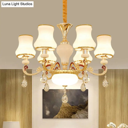 Contemporary Opal Glass Curved Cone Chandelier Light with Crystal Drop Deco - Gold Finish, 3/6 Bulbs