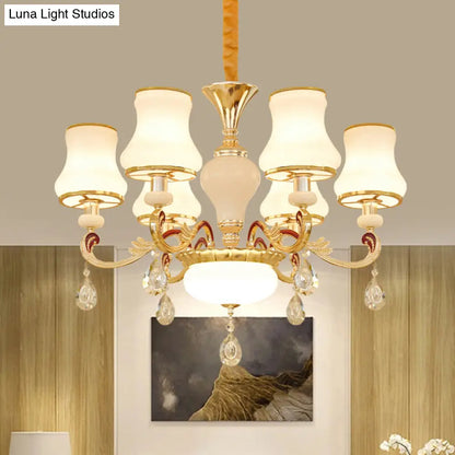 Contemporary Opal Glass Curved Cone Chandelier Light with Crystal Drop Deco - Gold Finish, 3/6 Bulbs