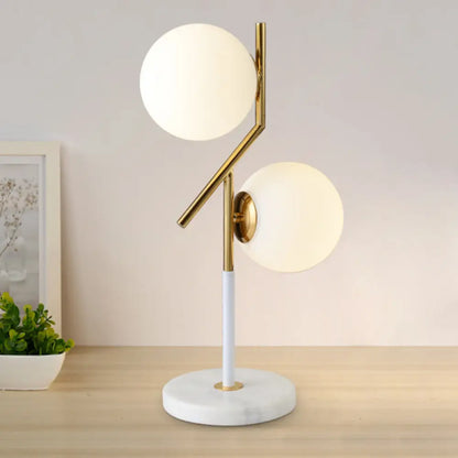 Contemporary Opal Glass Globe Table Lamp with Marble Base - 2 Lights - White Nightstand Light