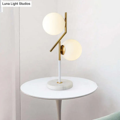 Contemporary Opal Glass Globe Table Lamp with Marble Base - 2 Lights - White Nightstand Light