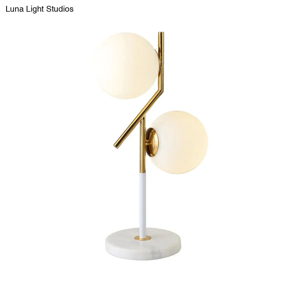 Contemporary Opal Glass Globe Table Lamp with Marble Base - 2 Lights - White Nightstand Light