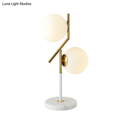 Contemporary Opal Glass Globe Table Lamp with Marble Base - 2 Lights - White Nightstand Light