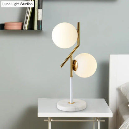 Contemporary Opal Glass Globe Table Lamp with Marble Base - 2 Lights - White Nightstand Light